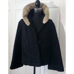 Lazare's Windsor Fur Black Faux Fur Coat Short Jacket Rabbit Fur Collar VTG Sz L